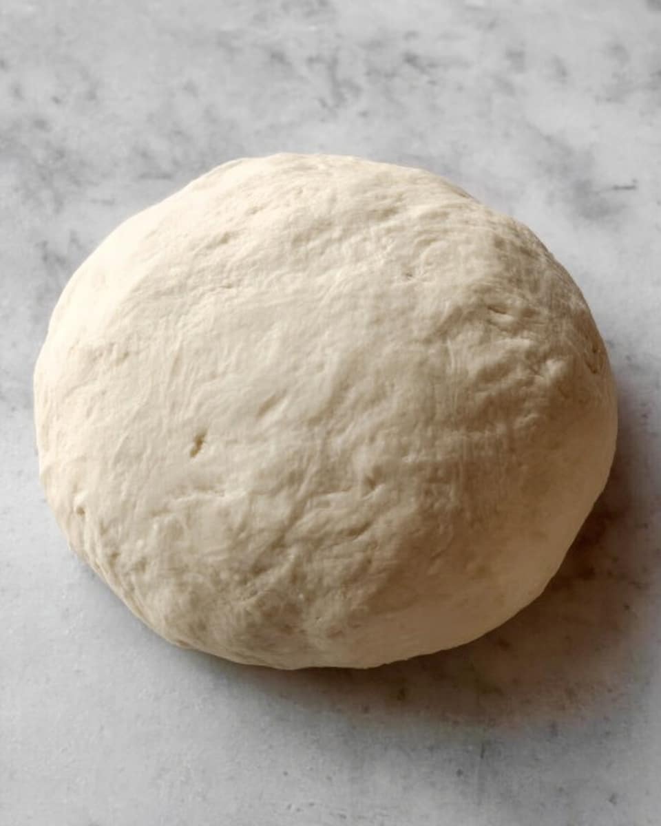 A smooth, round ball of dough sits on a white marbled surface. The dough is pale cream in color with a soft, slightly bumpy texture that shows small air pockets and gentle folds on its surface. The shape is thick and even, with a dome-like top that appears soft and slightly springy. The white marbled background has faint gray veins and a soft sheen that contrasts with the matte dough. Photo taken with an iphone --ar 4:5 --v 7