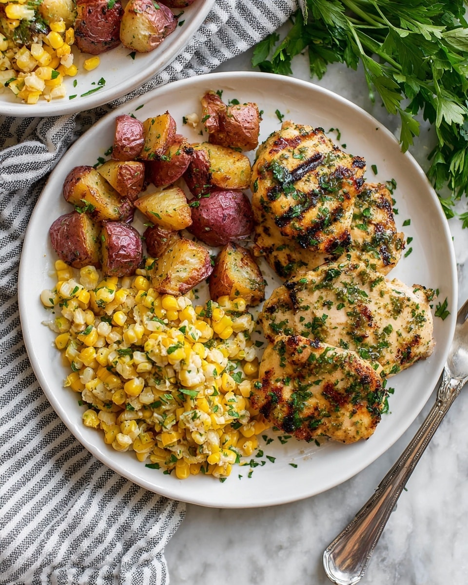 A white plate with three pieces of grilled chicken on the right side, covered in chopped green herbs and light grill marks, giving a textured look. To the left of the chicken is a pile of yellow and white corn kernels, mixed with small green herb bits. Below the corn, there are crispy roasted red potatoes, showing a golden brown crust and soft inside, scattered unevenly. The plate sits on a white marbled surface with some fresh green herbs nearby and part of a gray and white striped cloth visible. A silver fork is placed to the bottom right of the plate. Photo taken with an iphone --ar 4:5 --v 7