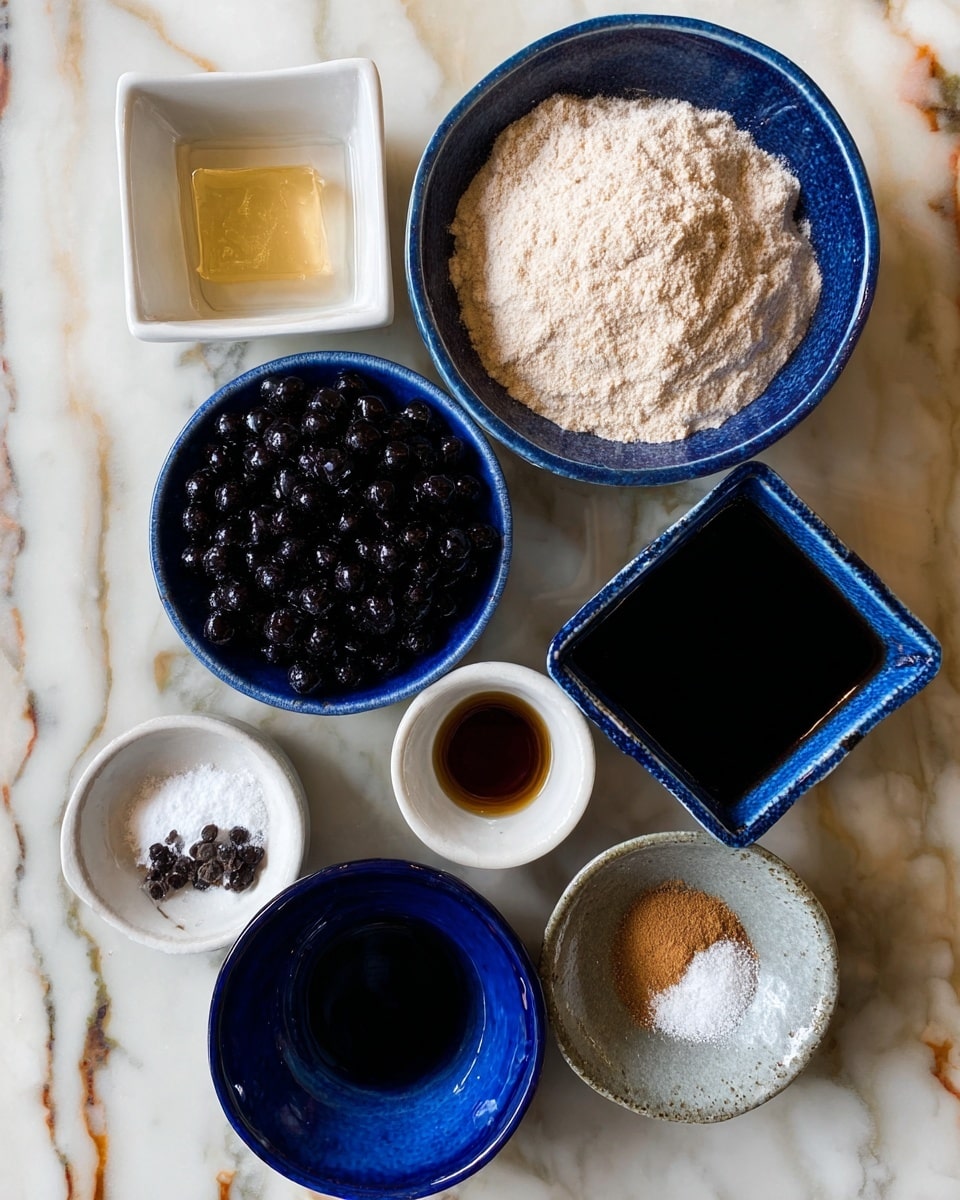 The image shows seven different small bowls arranged in a circle on a white marbled surface. In the top center, a blue bowl is filled with a beige powder layer of flour with a soft texture. To its left, a white bowl contains shiny, round black tapioca pearls, dark and glistening. Next to the pearls, a small white square bowl holds a light yellowish jelled layer. On the top right side, a square blue bowl is filled with a thick, dark black liquid with a smooth surface. Below it, a tiny white square bowl contains a small amount of dark brown liquid. At the bottom right, a gray rustic bowl has two small piles, one white and powdery, the other light brown and finely ground. Lastly, a deep blue bowl at the bottom center holds a clear, smooth liquid layer. photo taken with an iphone --ar 4:5 --v 7