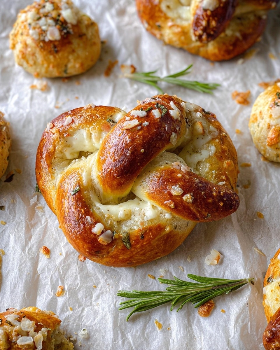 A white marbled texture background with a single large twisted soft pretzel in the center, golden brown with a shiny baked crust and soft creamy white dough visible inside the twists. The pretzel is lightly sprinkled with white flaky cheese and has specks of herbs throughout. Around it, smaller round bite-sized pretzel balls share the same golden brown top and creamy white inside, also lightly dusted with cheese. A fresh sprig of rosemary with green needle-like leaves lies near the center pretzel. The scene is set on a crinkled white parchment paper, giving a fresh baked feel. photo taken with an iphone --ar 4:5 --v 7