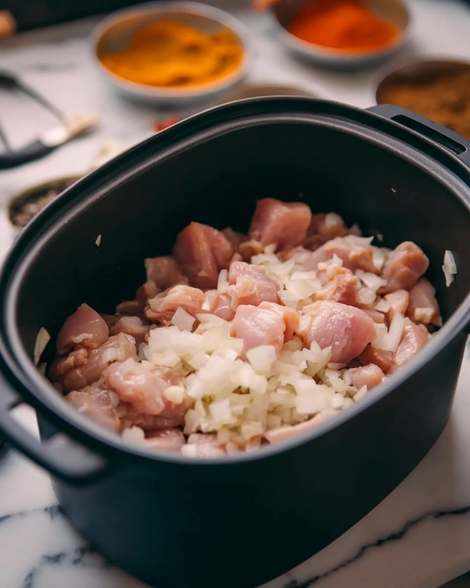 The image shows a black cooking pot filled with small pieces of raw light pink chicken mixed with small white onion pieces. The pot is placed on a white marbled surface, and in the background, there are blurred bowls with various spices in warm colors like orange and brown. The focus is on the contents inside the pot, showing the raw ingredients ready for cooking. photo taken with an iphone --ar 4:5 --v 7