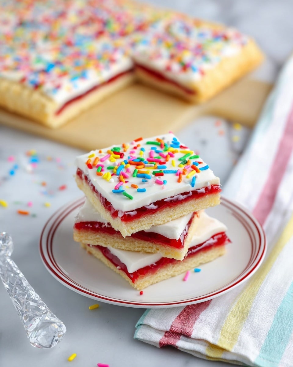 The image shows three square pastry slices stacked on a small white plate with a thin red rim. Each pastry has three visible layers: the bottom layer is a light golden crust with forked edges, the middle layer is a bright red jelly filling, and the top layer is smooth white icing decorated with colorful rainbow sprinkles. In the background, a larger pastry with the same colors and texture is slightly blurred on a white marbled surface. To the right of the plate, a folded white cloth with stripes in different colors lies on the surface, and a clear utensil with a crystal-like handle is placed nearby. Photo taken with an iphone --ar 4:5 --v 7
