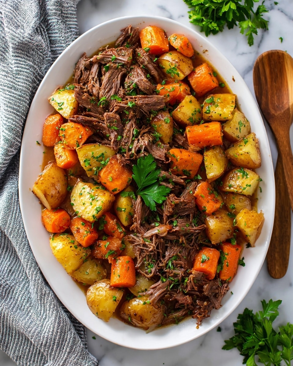 A white oval plate holds a dish with three main layers arranged evenly: the bottom layer is golden-brown cooked potato pieces, the middle layer consists of large chunks of bright orange carrots, and the top layer is tender shredded brown beef mixed with some sauce, all garnished with finely chopped green herbs and a few fresh flat green parsley leaves in the center. The plate sits on a white marbled surface, with a gray and white striped cloth on the left side and a wooden spoon on the right side. Some green fresh parsley is placed in the top right corner of the image. Photo taken with an iphone --ar 4:5 --v 7