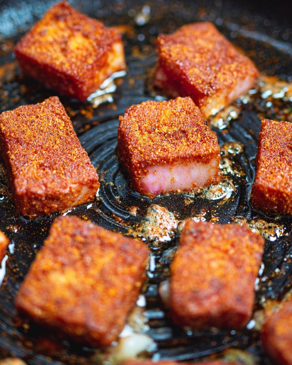 Small square pieces of food are cooking in a dark pan with some oil, each piece covered in a reddish-brown spice mix that gives a grainy texture on top. The pieces have two layers: the top layer is a well-spiced brown crust, and the bottom layer is a pale pink, softer inside, slightly translucent. The pieces are spaced out inside the pan, which has circular ridges and shiny oil pools around them. The background is not visible, but the focus is tight on the cooking pieces. photo taken with an iphone --ar 4:5 --v 7