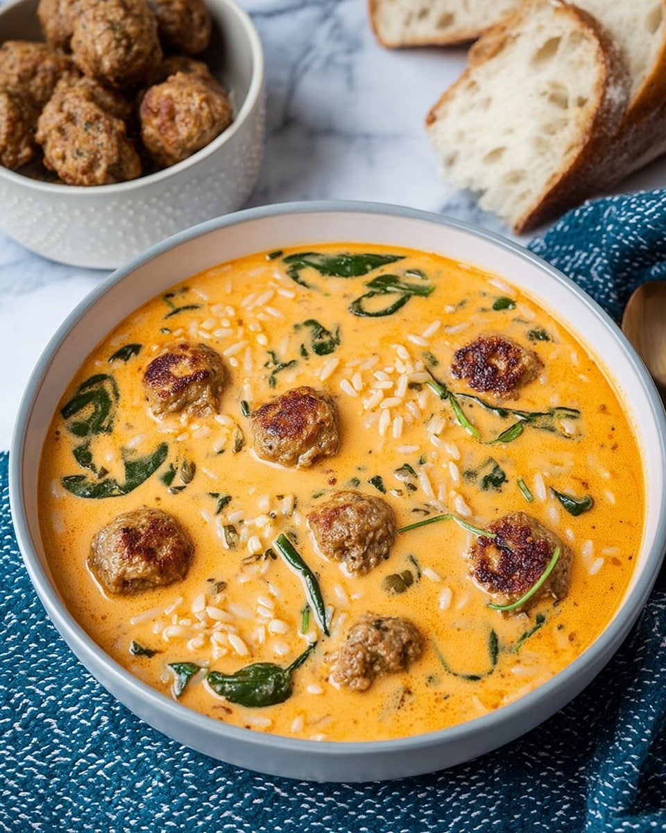 A white bowl filled with a rich, creamy orange soup that has small meatballs floating on top, along with green spinach leaves and small rice pieces spread throughout. The meatballs have a browned, slightly crispy texture. Behind the bowl, there is a small white bowl filled with more meatballs, and next to it are two pieces of bread with visible bits inside, placed on a white marbled surface with a blue and white textured cloth nearby. Photo taken with an iphone --ar 4:5 --v 7