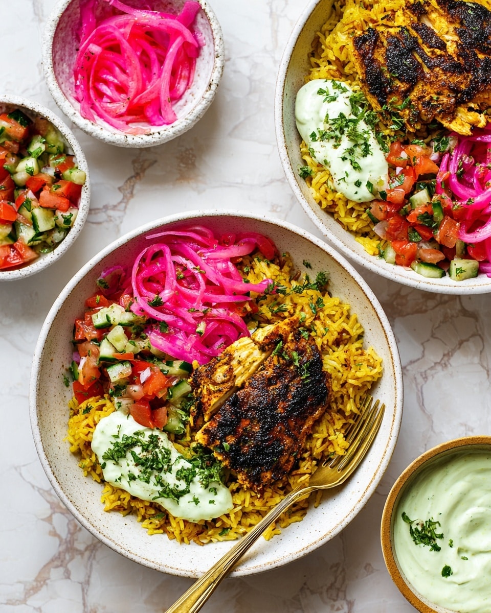 Two white bowls sit on a white marbled surface. Each bowl is filled with three main layers: a base of golden yellow seasoned rice with visible spices, a piece of charred, grilled seasoned chicken with dark golden and blackened edges placed on top, and bright pink pickled onions spread over the chicken. One side of the bowl holds a fresh salsa mix of small diced red tomatoes, green cucumber, and finely chopped herbs. A dollop of creamy light green sauce garnished with small green herbs is placed next to the rice. Near the bowls, there are smaller white bowls, one with more pink pickled onions and another with extra light green sauce. A gold fork rests in the front bowl, touching the rice and chicken. Photo taken with an iphone --ar 4:5 --v 7