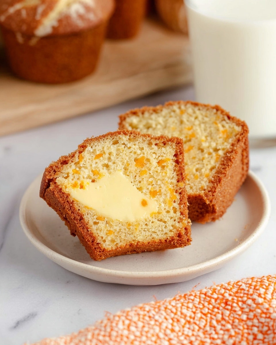 The image shows a white plate with two pieces of a sliced muffin. The muffin has two layers: a light brown outer cake layer with small orange specks scattered throughout, and a soft pale yellow inner layer that looks smooth and creamy. The muffin pieces stand on a white marbled surface with a glass of milk to the right and a whole muffin in the background, slightly out of focus. A corner of an orange and white textured cloth is seen at the bottom right. photo taken with an iphone --ar 4:5 --v 7