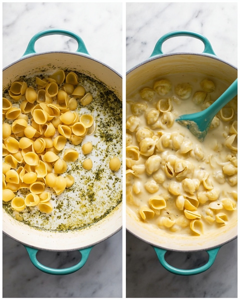 Two photos side by side show a large white pot on a white marbled surface. The left photo has three layers in the pot: the bottom layer is green herb sauce, the middle layer is white cream, and the top layer is small yellow pasta shells scattered across. The right photo shows the same pot after stirring, with creamy yellow pasta shells mixed with the sauce, giving a thick and smooth texture. A turquoise spoon is resting in the pot on the right side. photo taken with an iphone --ar 4:5 --v 7