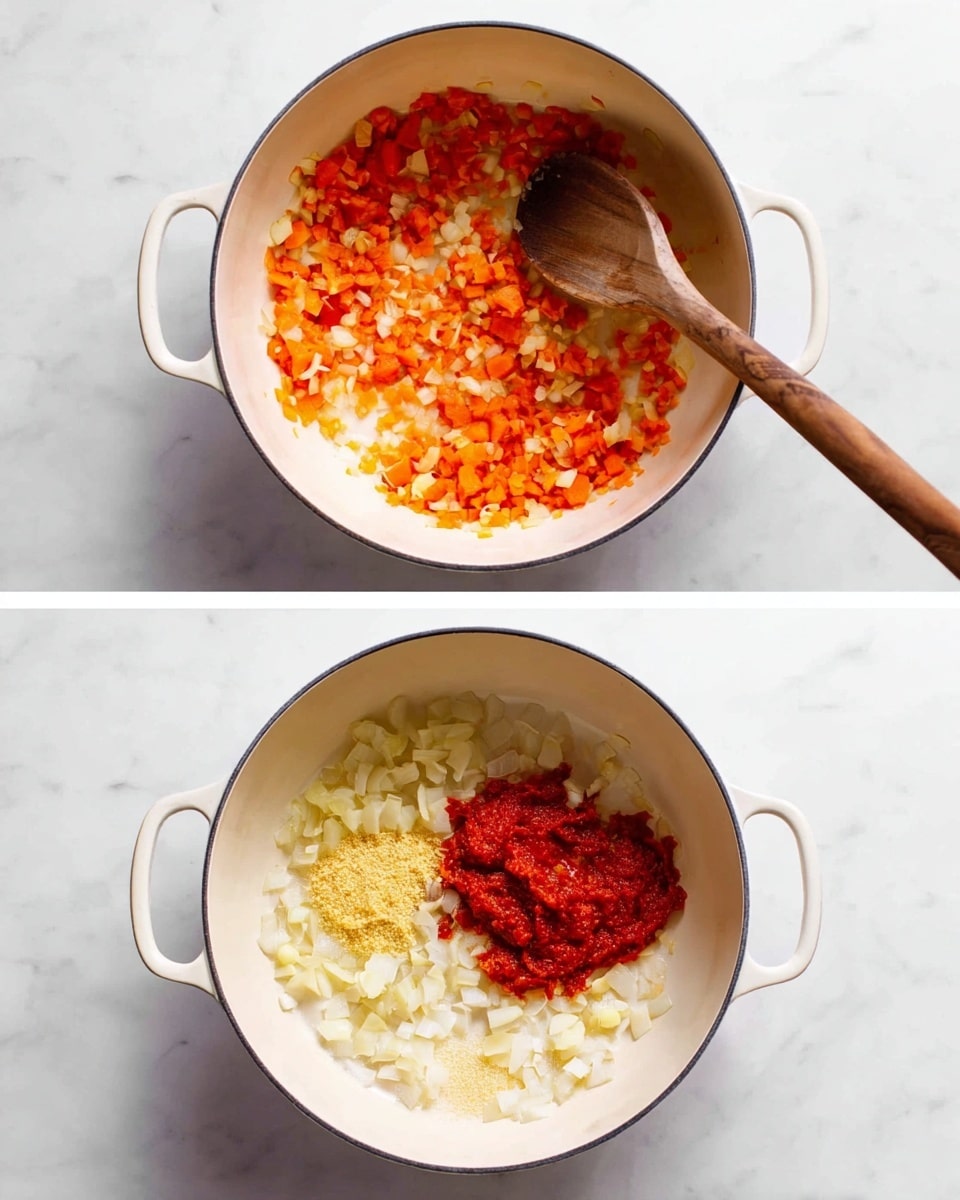 In the first image, a white pot sits on a white marbled surface filled with small chopped pieces of orange carrot and white onion, stirred by a wooden spoon with a long handle resting slightly in the pot. In the second image, the same white pot on the white marbled surface contains the cooked orange carrot and white onion base, with three new ingredients layered on top: a mound of deep red tomato paste, a pale yellow heap of minced ginger, and a cluster of finely chopped white garlic, all placed near the center. photo taken with an iphone --ar 4:5 --v 7