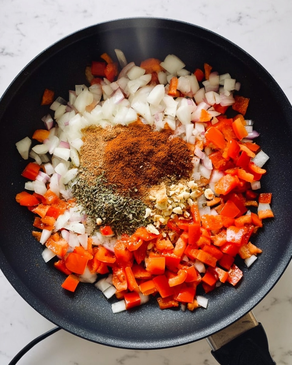 The image shows a black frying pan on a white marble surface with diced onions and red bell peppers spread around the pan. In the center, there are several layers of spices, including a dark brown powder, a green herb, and small pieces of minced garlic, all resting on top of the vegetables. The colors are vibrant with the white onions, bright red peppers, and rich spices all clearly visible. Light steam rises from the pan, indicating the ingredients are cooking. Photo taken with an iphone --ar 4:5 --v 7