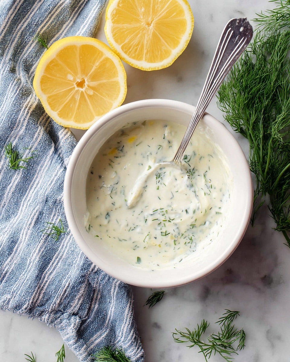 A creamy white sauce with small green herb pieces is shown inside a white bowl with a shiny silver spoon resting inside. Two lemon halves with bright yellow flesh are placed near the top left of the bowl on a blue and white striped cloth. Fresh green dill sprigs lie scattered around the bowl on a white marbled surface. photo taken with an iphone --ar 4:5 --v 7