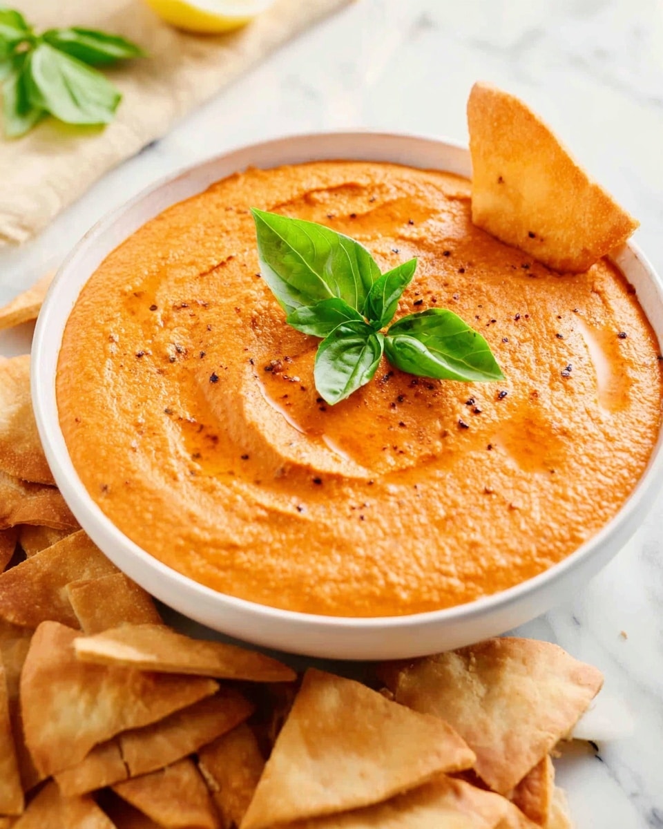 The image shows a white bowl filled with a thick, orange-colored dip that has a smooth texture with a few visible black pepper specks on top. A fresh green basil leaf sits in the center as a garnish. Two triangular pita chips, light golden brown with a slightly crisp texture, are dipped into the side of the bowl. Behind the bowl, there is a pile of more pita chips, also light golden brown, spread out on a white marbled surface. The setting is brightly lit with a clean, fresh look. photo taken with an iphone --ar 4:5 --v 7