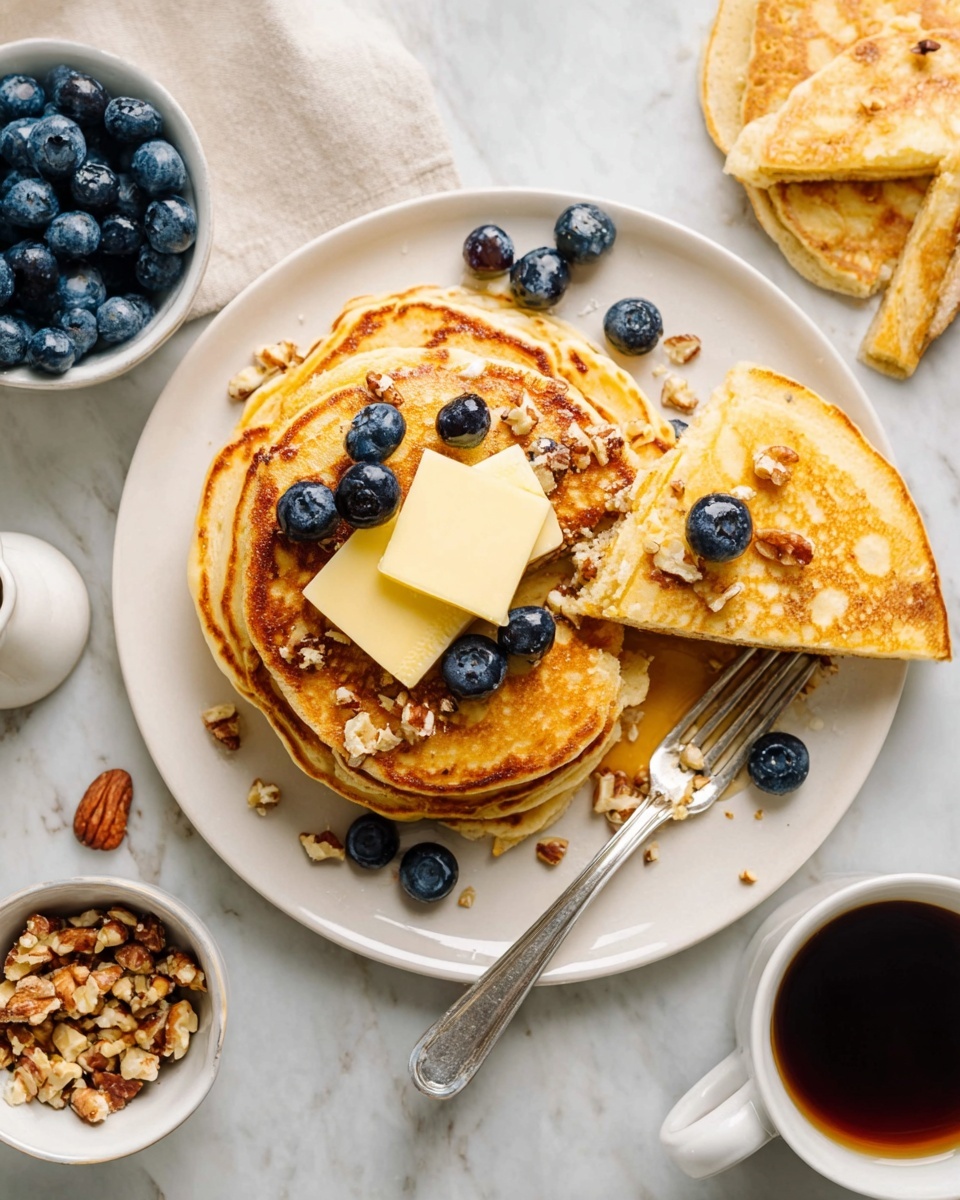 A white plate holds a stack of five golden-brown pancakes layered unevenly, with two small squares of melting yellow butter on top and middle pancakes. Scattered fresh blueberries and small chopped nuts are spread across the pancakes and around the plate. To the right, a stack of three pancakes is sliced partially, revealing the soft inside. A silver fork rests on the plate near the blueberries. Surrounding the plate, there is a small white bowl filled with fresh blueberries on the top left, a small white bowl with chopped nuts on the bottom left, a white creamer with syrup at the top, and a cup of dark black coffee on the right, all on a white marbled surface. photo taken with an iphone --ar 4:5 --v 7