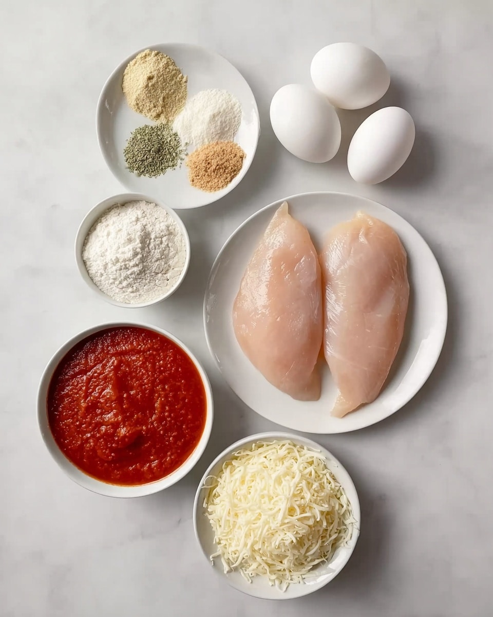 The image shows several items placed neatly on a white marbled surface. On the right side, there is a white plate with three raw chicken fillets laid flat, pale pink in color and smooth in texture. Above this plate, three white eggs are arranged in a triangular shape. To the upper left, a white bowl contains four piles of different powdered spices and grated cheese, with colors from light beige to green and off-white. Below this, a small white bowl holds white flour. To the bottom left, a white bowl is filled with bright red tomato sauce that looks thick and smooth. Finally, at the bottom center, another white bowl is full of finely shredded white cheese. Photo taken with an iphone --ar 4:5 --v 7
