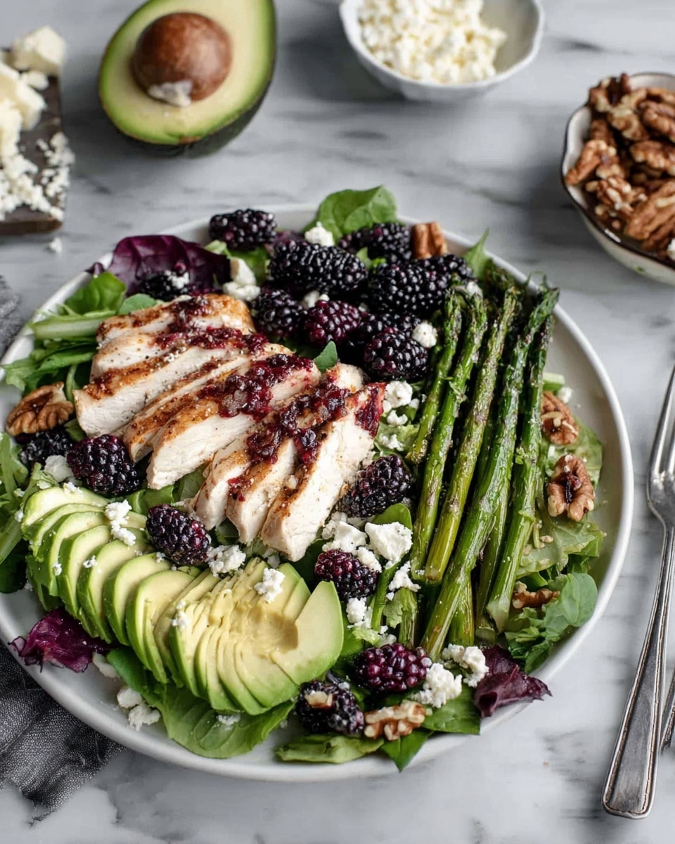 A white plate holds a fresh salad with a base layer of green and purple leafy greens. On top, there are slices of white chicken with a red sauce or seasoning, several dark blackberries scattered across, and light green avocado slices arranged in small rows. There are also roasted green asparagus spears placed on the right side, and crumbs of white cheese sprinkled on the salad. Pieces of brown walnuts are scattered over the dish, adding texture. The background is a white marbled surface with a small bowl of white cheese on the top left and a small white bowl filled with walnuts on the top right. A silver fork lies to the left of the plate, near a halved avocado. Photo taken with an iphone --ar 4:5 --v 7