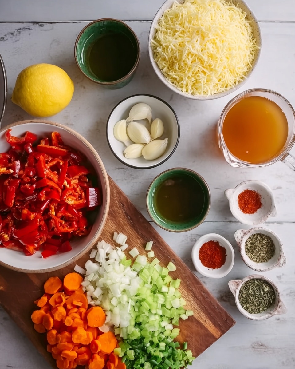 The image shows various ingredients arranged neatly on a white marbled surface. At the top right, there is a clear cup filled with light brown broth. Below it, a bowl filled with grated yellow cheese sits to the right. Moving down, several small bowls contain different spices: a green bowl with slivered garlic, a white bowl with olive oil, a white bowl with red paprika, and a small bowl with dried herbs. Towards the bottom left, there is a white bowl filled with bright red roasted peppers and dried chilies. A wooden board holds finely chopped green celery, white onions, and orange carrots neatly lined up in rows. A halved yellow lemon is near the center. The colors and textures are clear and fresh. Photo taken with an iphone --ar 4:5 --v 7