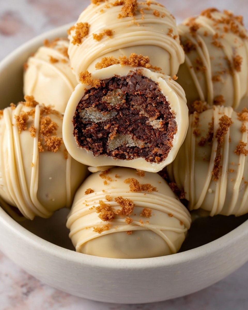 The image shows a group of round cake balls with three visible layers. The outer layer is smooth and creamy light beige, decorated with thin drizzles of the same color and small crumbs scattered on top. Inside, the cake ball has a dense, moist-looking dark brown layer with a textured appearance, showing bits of white crumbs embedded within. One cake ball is cut in half at the center, revealing the rich inner layer. The cake balls sit inside a white bowl on a white marbled surface. Photo taken with an iphone --ar 4:5 --v 7