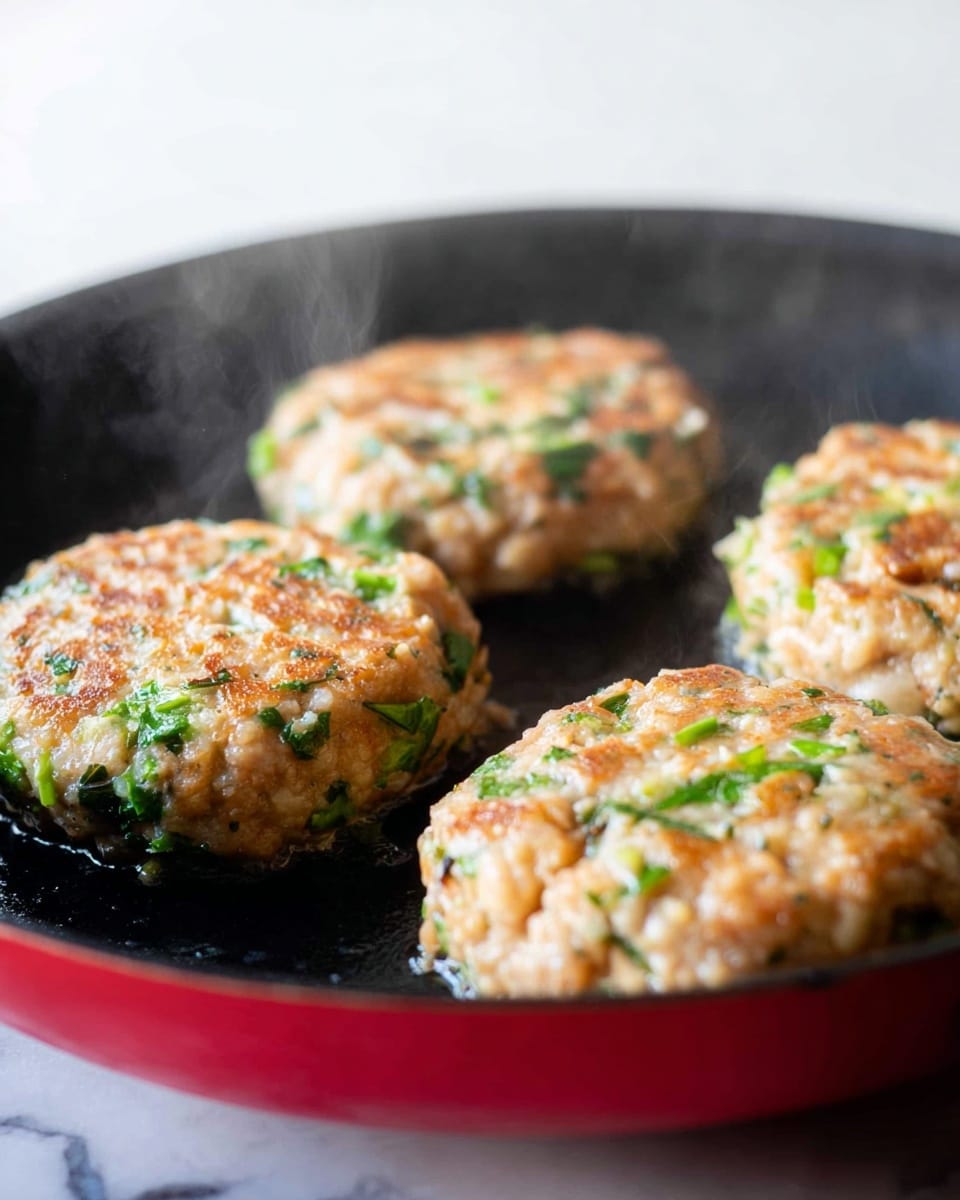 The image shows four round patties cooking on a black pan with a red edge. Each patty has a rough texture with a mix of light beige and orange colors, dotted with bright green pieces of herbs. The patties look moist and slightly chunky, with steam rising from them, suggesting they are hot and fresh. The background is a white marbled surface. photo taken with an iphone --ar 4:5 --v 7