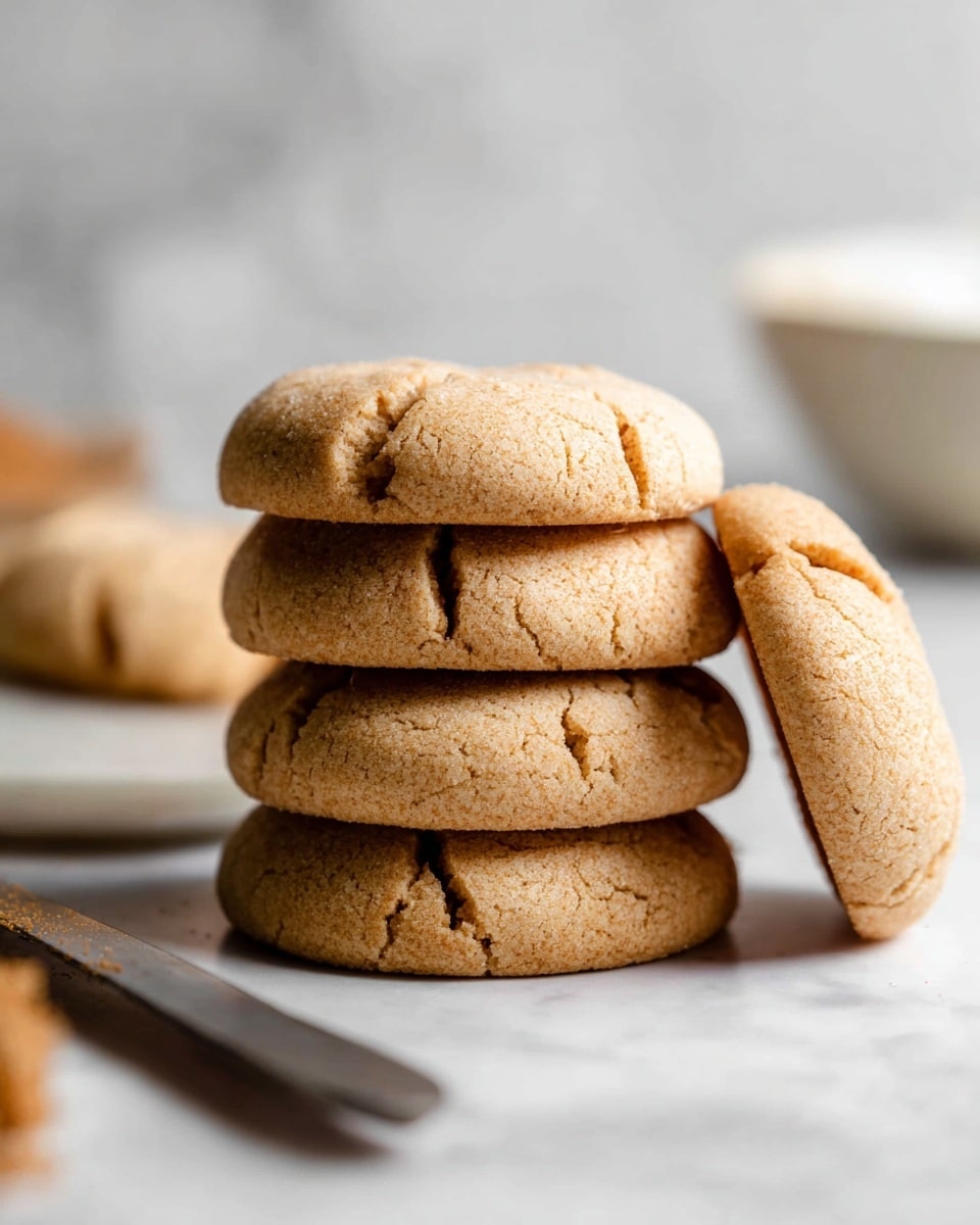 A stack of four light brown, soft-textured cookies with visible cracks on their surface stands on a white marbled surface, with one cookie leaning against the stack on the right side. In the background, there is a blurred white bowl and a knife lying flat in front of the stack on the white marbled surface. The overall tone is warm and inviting with a simple, clean setting. photo taken with an iphone --ar 4:5 --v 7