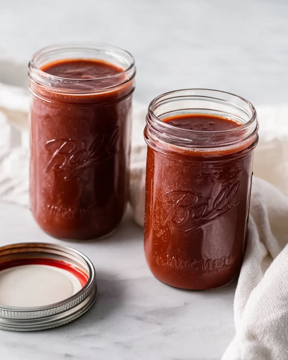 Two glass jars are filled with smooth, rich, dark red sauce. The sauce inside the jars has a thick texture with small bubbles on the surface. Both jars have