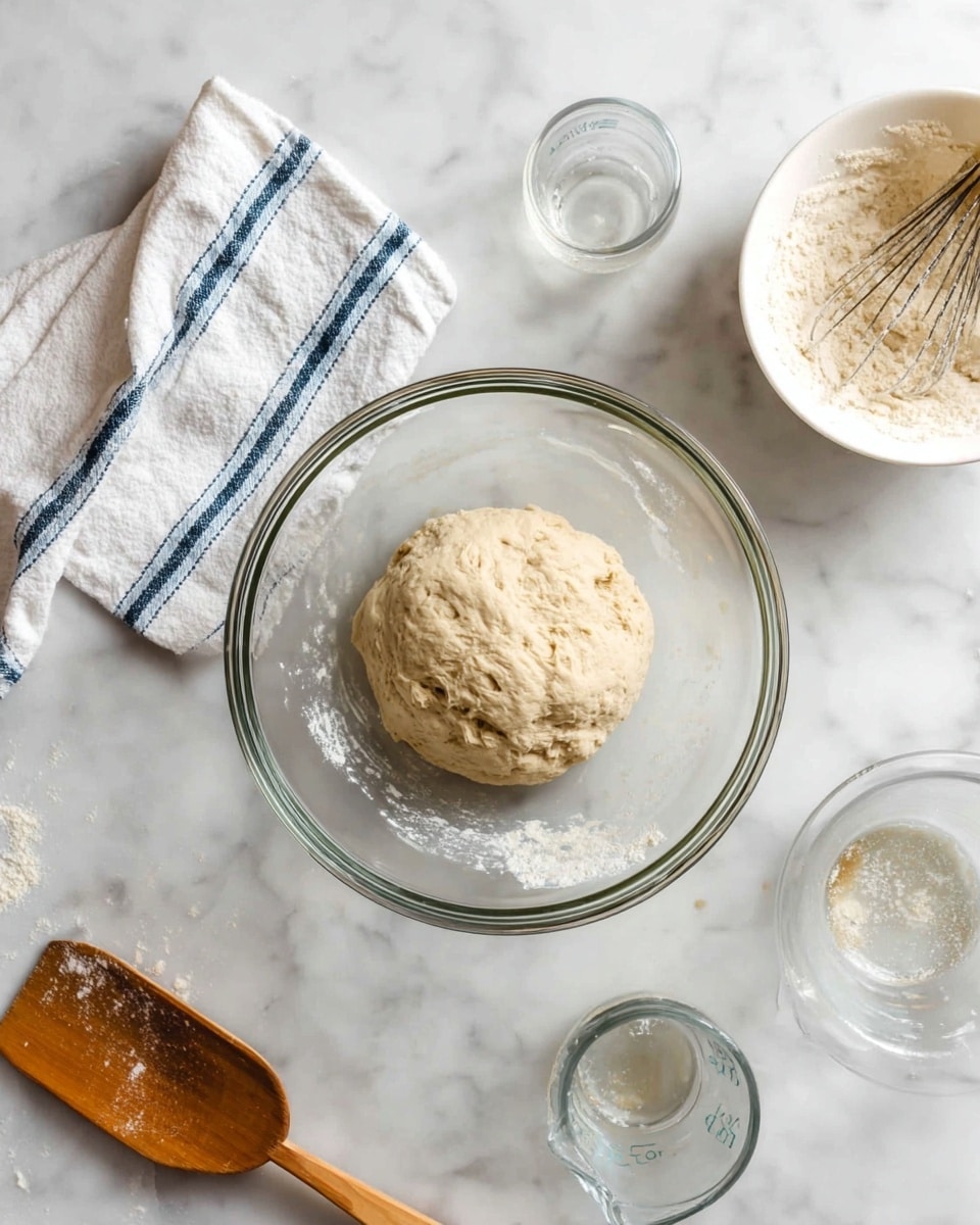 The image shows a round ball of dough with a rough texture placed in the center of a clear glass bowl. To the left, there is a white towel with blue stripes and a wooden scoop with some dough residue inside. To the right of the bowl, a white bowl with a wooden-handled dough whisk sits with some leftover dough. Around these items are two empty clear glasses and a clear measuring cup with some liquid inside. All objects rest on a white marbled surface. photo taken with an iphone --ar 4:5 --v 7