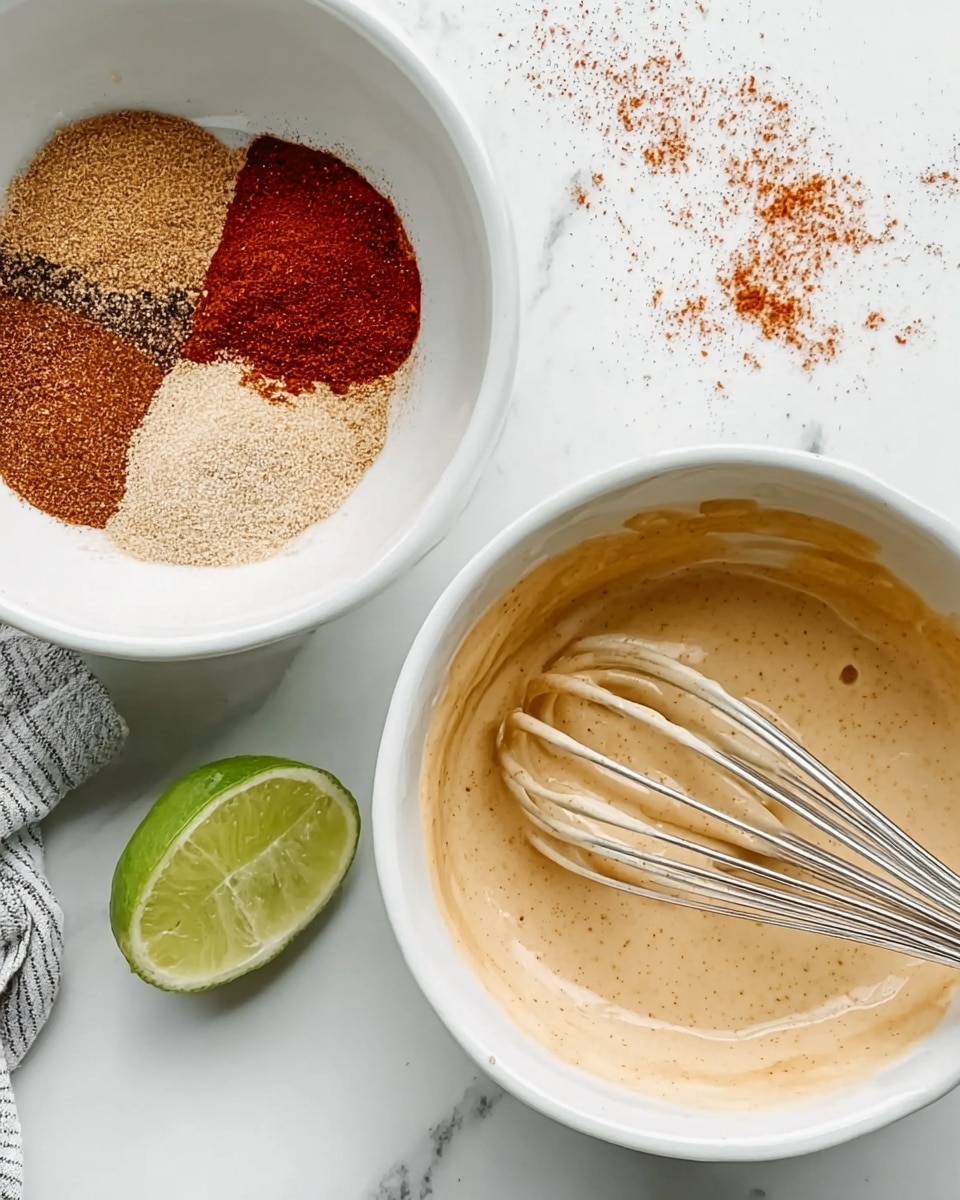 The image shows two white bowls on a white marbled surface with a squeezed lime half and some paprika powder scattered nearby. The first bowl contains four sections of spices and liquids in an unblended state, including a dark red spice, a brown spice, a light beige powder, and a golden liquid. The second bowl features a smooth, creamy mixture with a light tan color and specks of spices, being stirred with a metal whisk. The lime half and paprika sprinkle remain in the foreground. Photo taken with an iphone --ar 4:5 --v 7