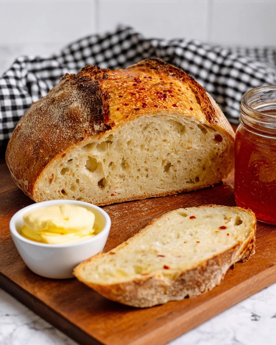 A round loaf of rustic bread with a thick, golden-brown crust that has a slightly rough texture sits on a wooden cutting board. The bread is cut open to show its soft, light beige inside with small and medium air holes and tiny red specks scattered throughout. Next to the bread, there is a small white bowl filled with creamy yellow butter with a smooth texture, and a small jar filled with red honey or syrup. All items are placed on a white marbled surface with a black and white checkered cloth in the background. Photo taken with an iphone --ar 4:5 --v 7