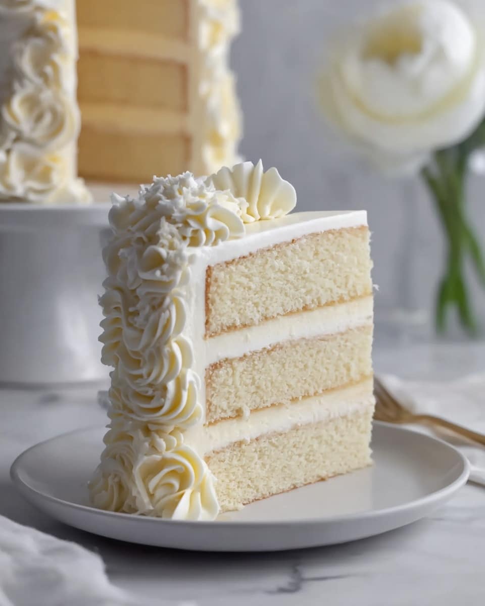 A three-layer white cake slice with thick white cream filling between each layer sits on a white plate on a white marbled surface. The cake is covered with smooth white frosting, decorated with intricate swirls and rosettes of white cream along the top edge and base. In the background, there is a blurred view of a larger cake and a vase holding a white flower. The photo was taken with an iphone --ar 4:5 --v 7