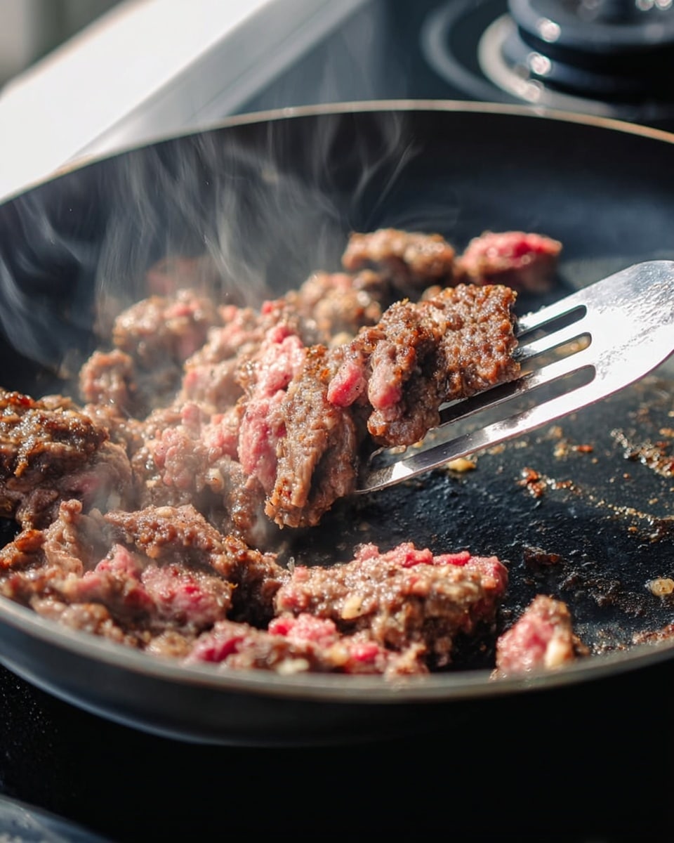 The image shows a close-up of loose ground meat cooking in a black frying pan. The meat is in uneven strips and clusters with browned, crispy edges and pink, raw parts still visible in the middle. A shiny metal spatula lifts part of the meat, showing some steam rising. The pan surface is black and slightly oily with bits of cooked meat stuck to it. The background is blurred but shows a hint of a black stovetop dial. photo taken with an iphone --ar 4:5 --v 7