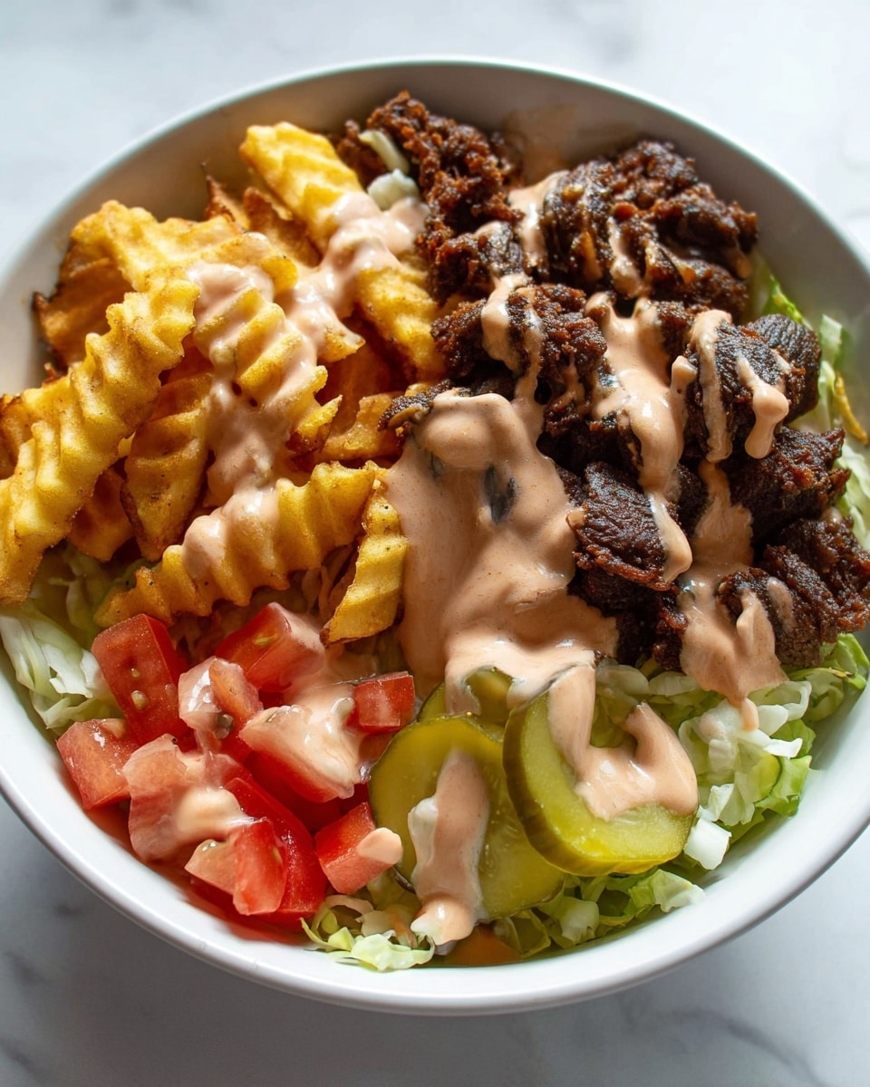 In a white bowl on a white marbled surface, there is a layered dish starting with a base of green shredded lettuce. On top of the lettuce, there are diced red tomatoes and slices of green pickles slightly overlapping. Above the vegetables, there are dark brown cooked meat pieces spread across the bowl. To one side, a pile of golden brown waffle-cut fries with a crispy texture is placed. The entire dish is drizzled generously with a light pink creamy sauce that covers the meat, some fries, and vegetables in an uneven pattern. photo taken with an iphone --ar 4:5 --v 7