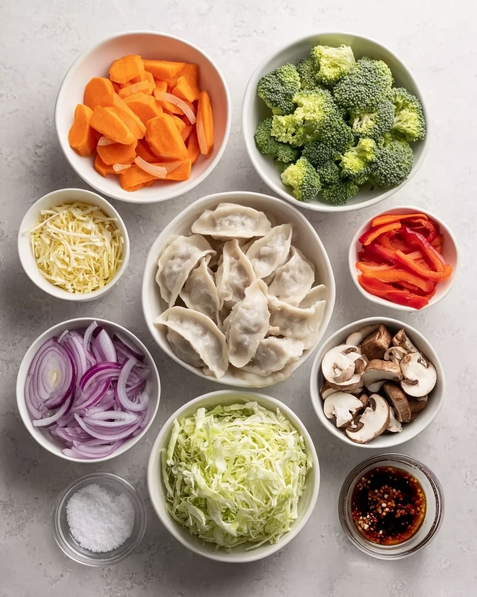The image shows nine white bowls arranged on a white marbled surface, each containing different fresh ingredients. The largest bowl in the center holds several uncooked dumplings, off-white with a slightly wrinkled texture. Above it, a bowl of small broccoli florets shows bright green color. To the left of the broccoli, a bowl holds thick slices of orange carrots. On the right side near the broccoli, a bowl contains thin strips of red bell pepper. A smaller bowl near the bottom left holds thin slices of red onion with purple and white layers. Below the dumplings, a bowl of shredded light green cabbage is visible. To the bottom right, a bowl contains light and dark brown sliced mushrooms. A small bowl of light yellow shredded ginger is to the left near the carrots, and a clear dish with coarse white salt and freshly ground pepper is placed on the right side near cabbage and peppers. A final small bowl at the bottom right corner has a dark brown liquid with red chili flakes. Photo taken with an iphone --ar 4:5 --v 7