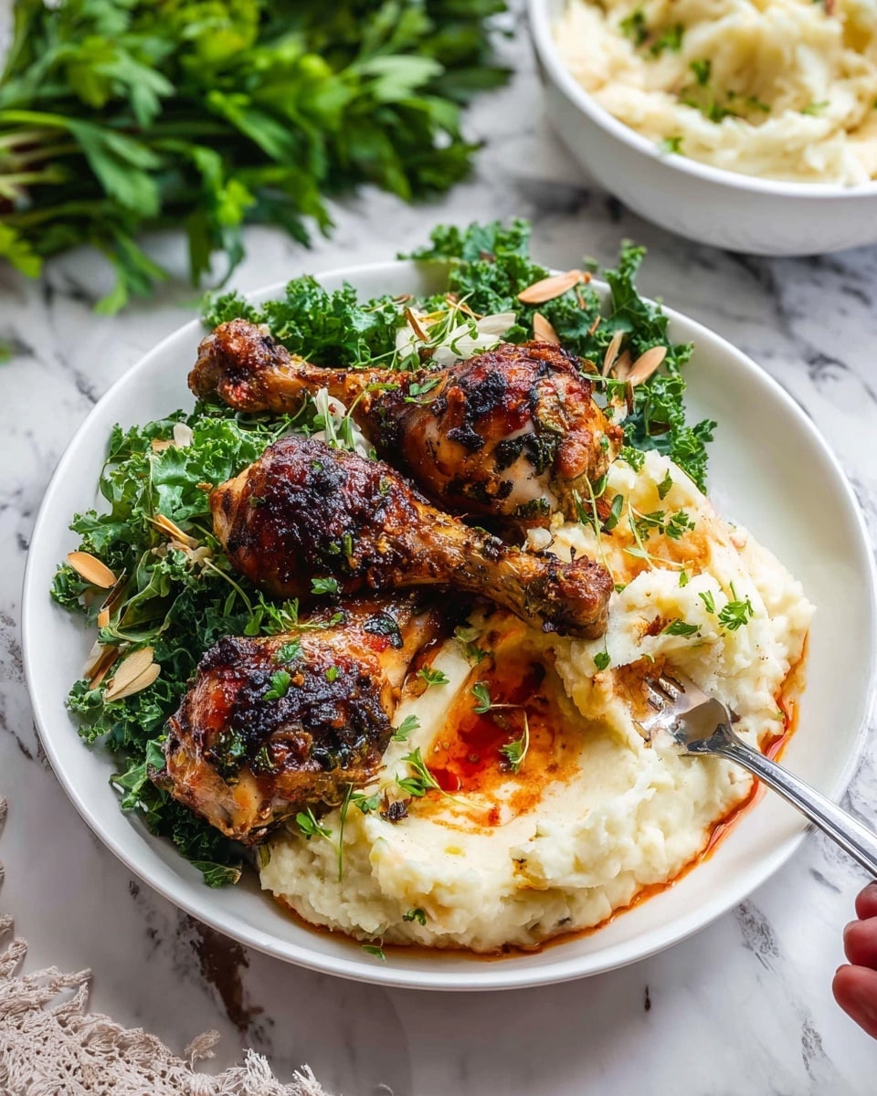 The image shows a white plate with three grilled chicken drumsticks placed on top of a large scoop of creamy mashed potatoes that have a light, smooth texture. The drumsticks are dark brown with visible herbs and spices sprinkled on top, giving a slightly charred and flavorful look. Surrounding the mashed potatoes is a bed of fresh green leafy kale mixed with some herbs and thin almond slices. There is a red oil or sauce drizzled lightly over the mashed potatoes and chicken, adding a pop of color. A woman’s hand is holding a fork that is partially stuck into the mashed potatoes. The background includes fresh green leafy herbs and a white bowl of mashed potatoes on a white marbled surface. Photo taken with an iphone --ar 4:5 --v 7