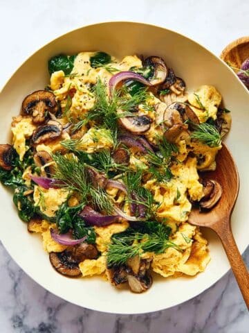 Spinach and Mushroom Egg Scramble with Avocado and Fresh Herbs Recipe