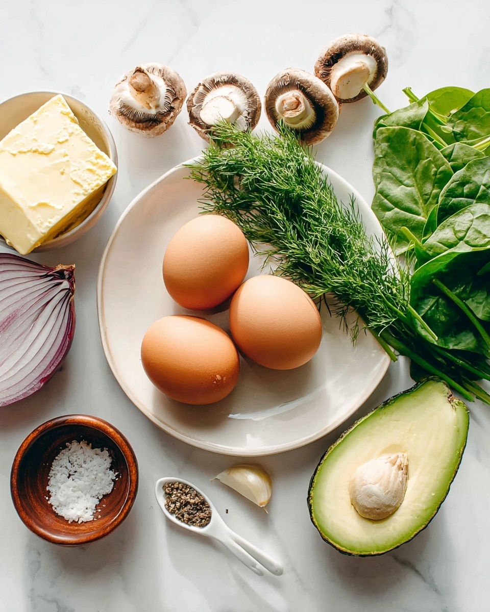 The image shows a white plate with four brown eggs and a bunch of fresh green dill placed on it. Next to the plate, there is a halved avocado with a light green inside and dark green skin, some fresh green spinach leaves, and a few whole mushrooms with a light brown color. A half piece of a purple onion is at the bottom left. A small brown bowl holds a square block of pale yellow butter. Nearby, there are two small white spoons, one with salt and the other with black pepper, and three whole cloves of garlic with a creamy white color. Everything is placed on a surface with a white marbled texture. Photo taken with an iphone --ar 4:5 --v 7