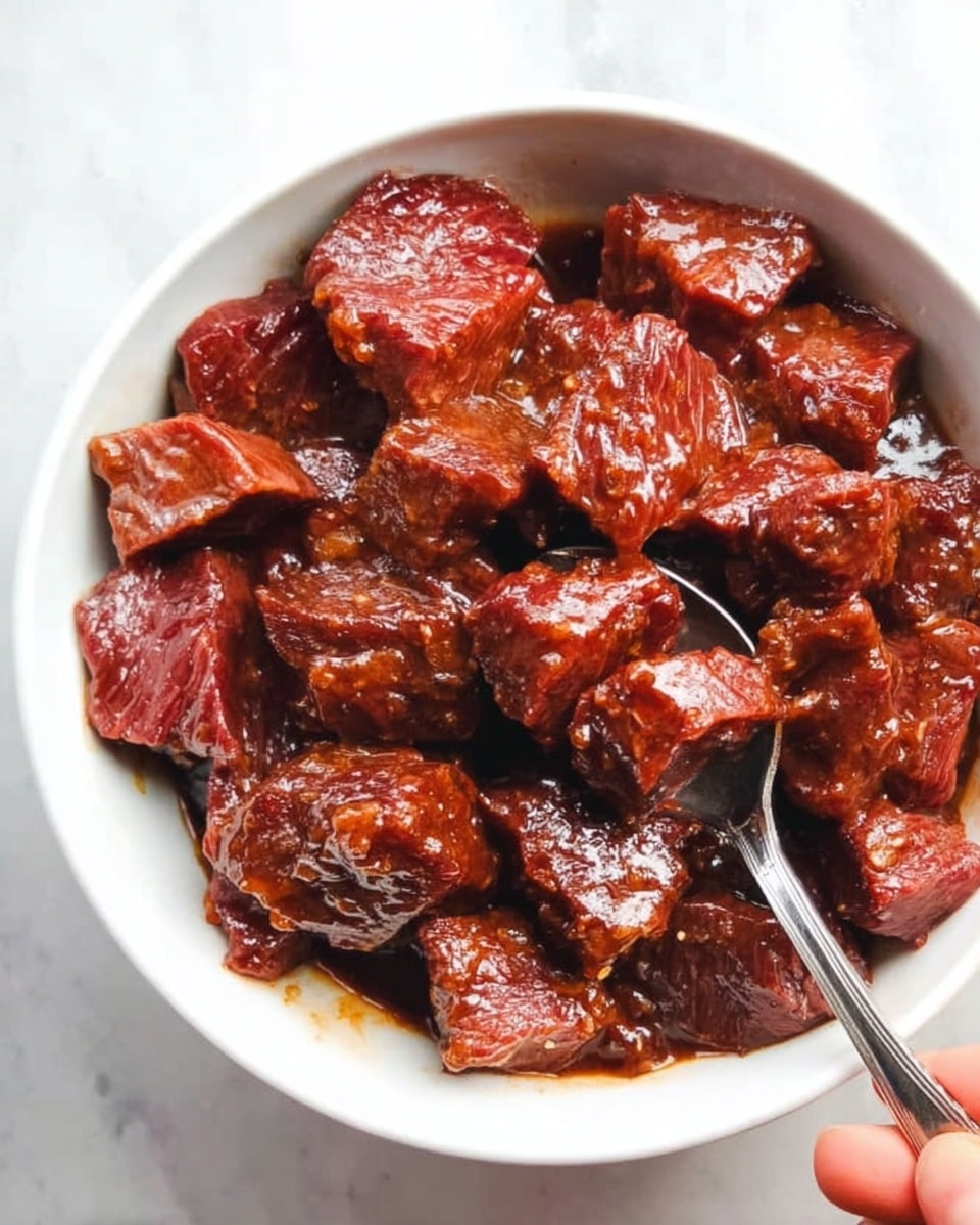 A white bowl filled with thick, juicy dark red beef cubes coated in a shiny brown sauce. The pieces are uneven in size, stacked closely together. A silver spoon is in the bowl, its handle held by a woman's hand, lifting some pieces slightly. The background is a white marbled surface. photo taken with an iphone --ar 4:5 --v 7
