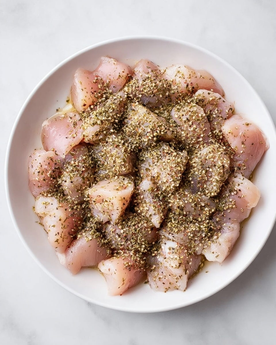 The image shows a white plate filled with evenly sized light pink raw chicken pieces. The chicken pieces are sprinkled generously with a mix of dried green and brown herbs and black pepper, spreading throughout the top layer. The plate sits on a white marbled surface. photo taken with an iphone --ar 4:5 --v 7