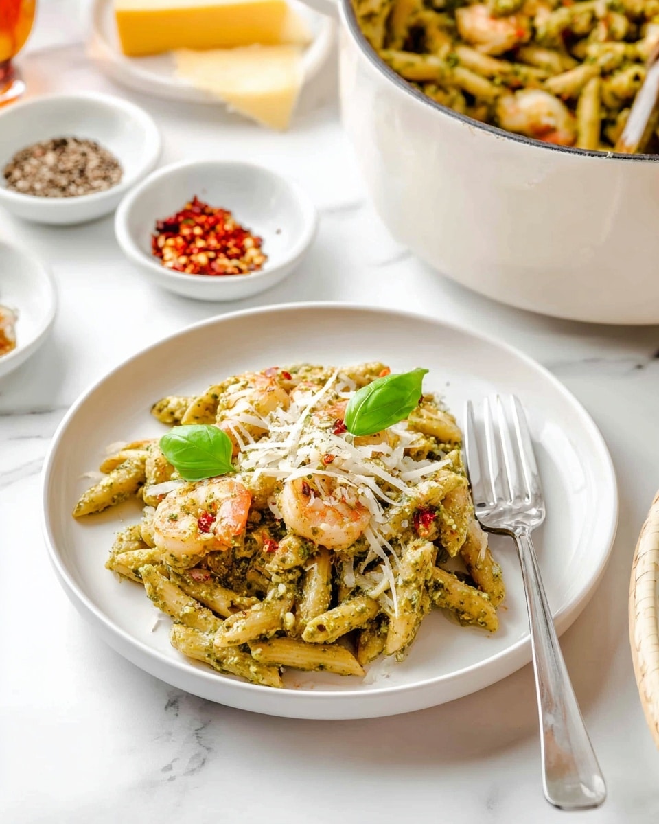 A white plate holds one layer of creamy pesto pasta mixed with pieces of light golden shrimp. The pasta is coated in a green pesto sauce with visible bits of herbs and small red chili flakes scattered throughout. Shredded white cheese is sprinkled on top along with a few fresh green basil leaves. A silver fork rests on the right side of the plate. In the background, a white pot contains more of the pasta, and around it are small white bowls with red chili flakes, black pepper, and salt, along with a wedge of yellow cheese, all set against a white marbled surface. Photo taken with an iphone --ar 4:5 --v 7