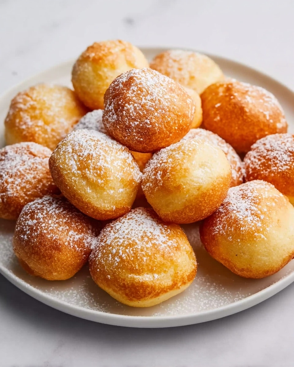 A white plate is filled with a single layer of golden brown small round dough balls dusted lightly with white powdered sugar. Each dough ball is smooth and slightly shiny with an even, crispy texture, some showing a slight crust on top. The plate is placed on a white marbled surface, creating a clean and bright setting. The overall look is warm and inviting, with the golden color standing out against the white background. photo taken with an iphone --ar 4:5 --v 7
