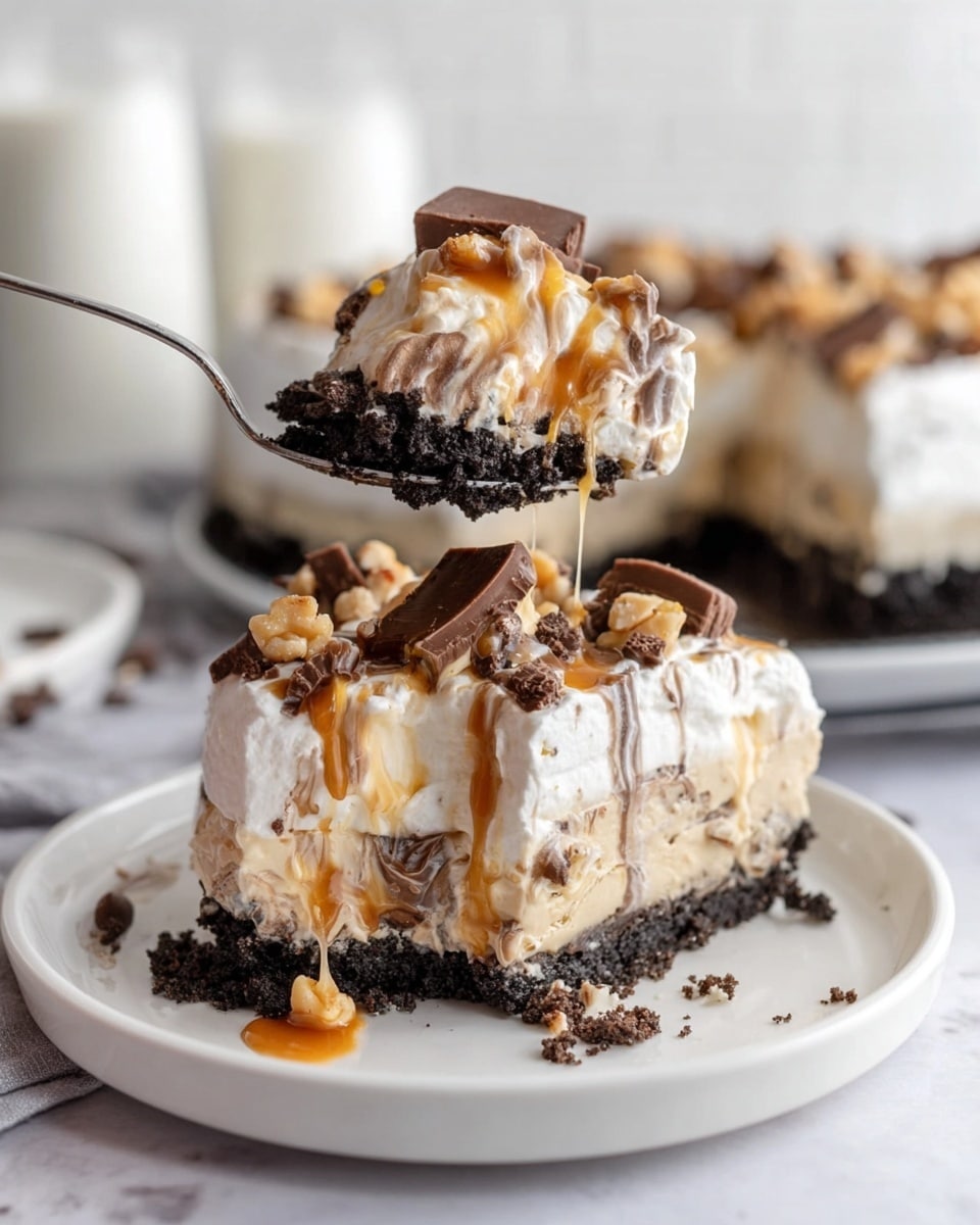 The image shows a rich dessert with four layers on a white plate. The bottom layer is a dark, crumbly chocolate cookie crust. Above that is a creamy, light beige layer with swirls of chocolate and caramel. The third layer is thick white whipped cream with a soft, fluffy texture, topped with chopped pieces of chocolate and caramel candy and some nuts scattered around. A spoon held by a woman's hand lifts a bite showing all layers clearly, with the chocolate crust, creamy middle, fluffy whipped topping, and candy pieces visible. The background has a soft, white marbled texture with blurred milk and coffee cups. Photo taken with an iphone --ar 4:5 --v 7