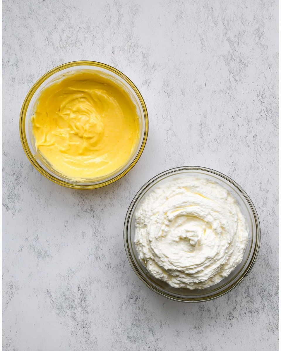 The image shows two clear glass bowls on a white marbled surface. The bowl on the left contains one smooth layer of yellow wet mixture with a shiny texture. The bowl on the right contains one thick layer of white whipped cream with a light, fluffy texture, swirled gently in the center. photo taken with an iphone --ar 4:5 --v 7