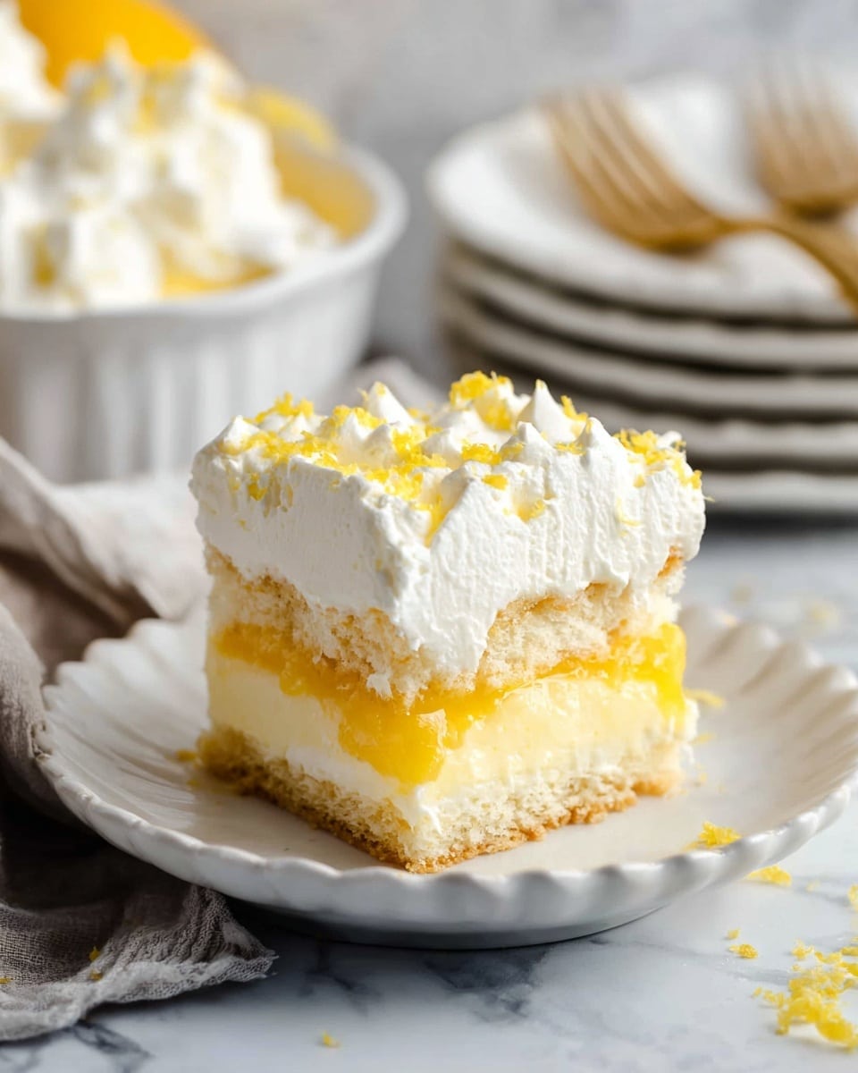 The image shows a square piece of layered dessert on a white plate with a scalloped edge, placed on a white marbled surface. The dessert has four layers: the bottom layer is light and crumbly cake, the second layer is creamy and white, the third layer is bright yellow lemon filling, and the top layer is thick, white whipped cream with small yellow zest pieces sprinkled on it. In the background, there is a white bowl filled with whipped cream and lemon zest and stacked white plates with gold forks. A woman's hand is gently touching the plate. photo taken with an iphone --ar 4:5 --v 7