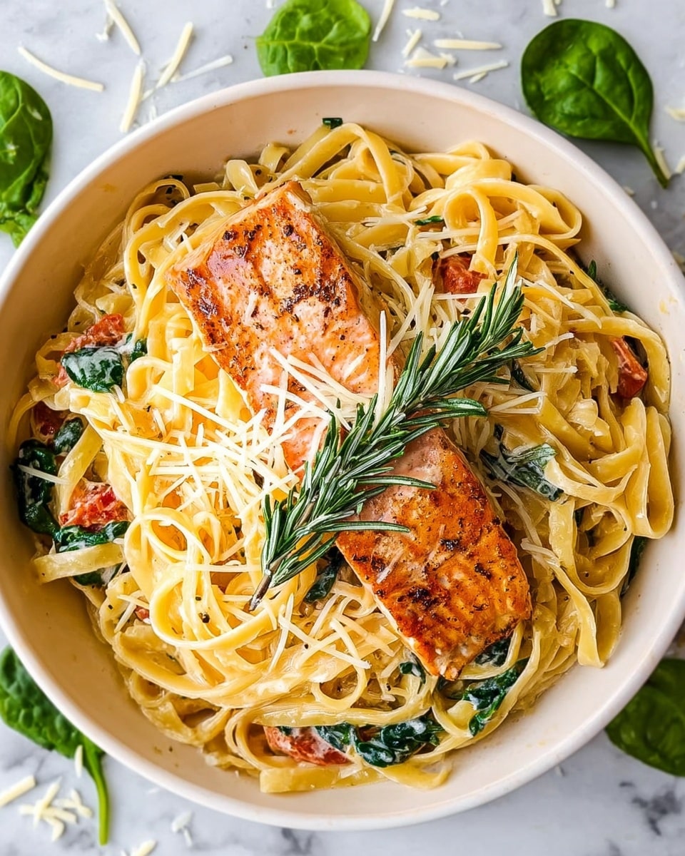 A white bowl filled with creamy fettuccine pasta, showing long, yellowish noodles mixed with small pieces of green spinach and light orange bits of tomato. On top of the pasta sits a single piece of golden-brown salmon fillet with a slightly crispy texture, garnished with thin strands of white shredded cheese and a sprig of fresh green rosemary in the center. The bowl is placed on a white marbled surface, with scattered green spinach leaves and some shredded cheese around it. photo taken with an iphone --ar 4:5 --v 7