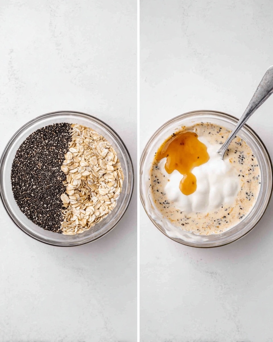 A clear glass bowl on a white marbled surface contains three main layers arranged side by side: a deep black layer of chia seeds on the left, a light beige dry oat layer in the middle, and creamy white yogurt with a few amber drops of honey on top on the right. The second image shows the same bowl with the ingredients fully mixed into a creamy, light beige mixture with visible oats and chia seeds, along with a silver whisk inside. Photo taken with an iphone --ar 4:5 --v 7