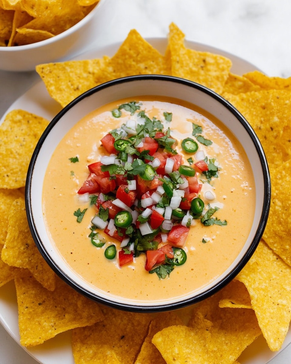 A white bowl with a black rim holds a smooth, creamy orange dip as the base layer. On top, there is a colorful mix of diced red tomatoes, green jalapeño pieces, chopped white onions, and fresh green cilantro leaves scattered evenly in the center. Surrounding the bowl are multiple triangular yellow corn chips with a textured, crunchy appearance. The scene is set on a white marbled surface with more chips in a white bowl partially visible at the top left. Photo taken with an iphone --ar 4:5 --v 7