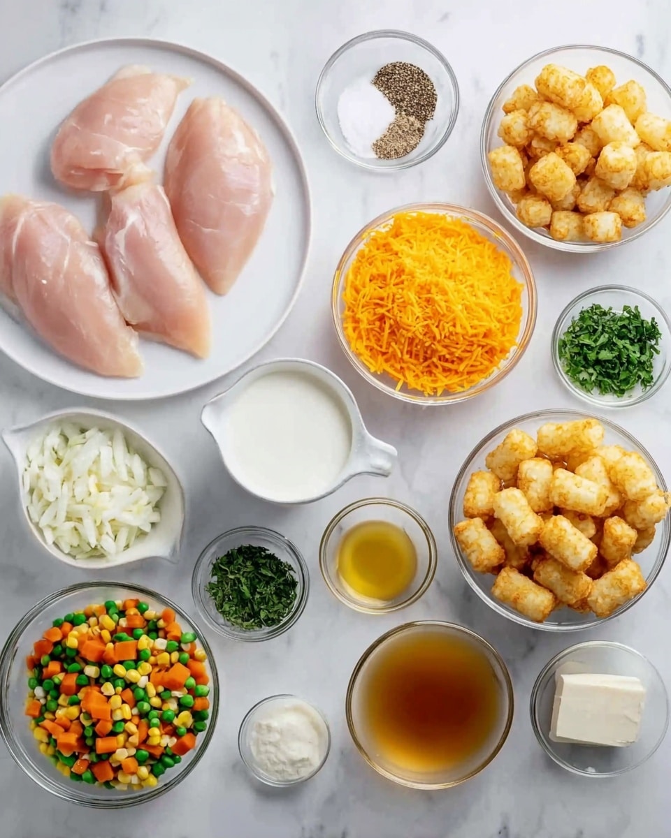 The image shows several small white plates and clear glass bowls arranged on a white marbled surface. On the left, there are four raw pink chicken fillets on a white plate. To the right and above the chicken, there is a small bowl with white salt and black pepper, a bowl of bright orange shredded cheese, and a bowl filled with light golden tater tots. Below those are a bowl of finely chopped white onions and a bowl of mixed vegetables with green beans, orange carrots, and yellow corn. There is also a small bowl with white flour, a cup of milk, a small bowl with light yellow butter, a bowl of fresh green herbs, a small bowl of dried green herbs, a bowl of light yellow cooking oil, a bowl of minced white garlic, and a bowl with light brown broth. photo taken with an iphone --ar 4:5 --v 7
