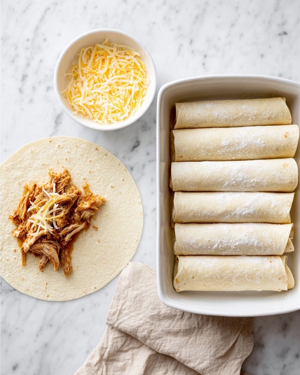 The left side shows a white tortilla flat on a white marbled surface with a small pile of yellow and white shredded cheese in the middle, topped with a layer of brown shredded cooked chicken; a white bowl with more cheese is above the tortilla, and a folded beige cloth is at the bottom right corner of the image. The right side displays seven rolled white tortillas placed side by side in a white baking dish on a white marbled surface, each tortilla showing a light dusting of flour. photo taken with an iphone --ar 4:5 --v 7