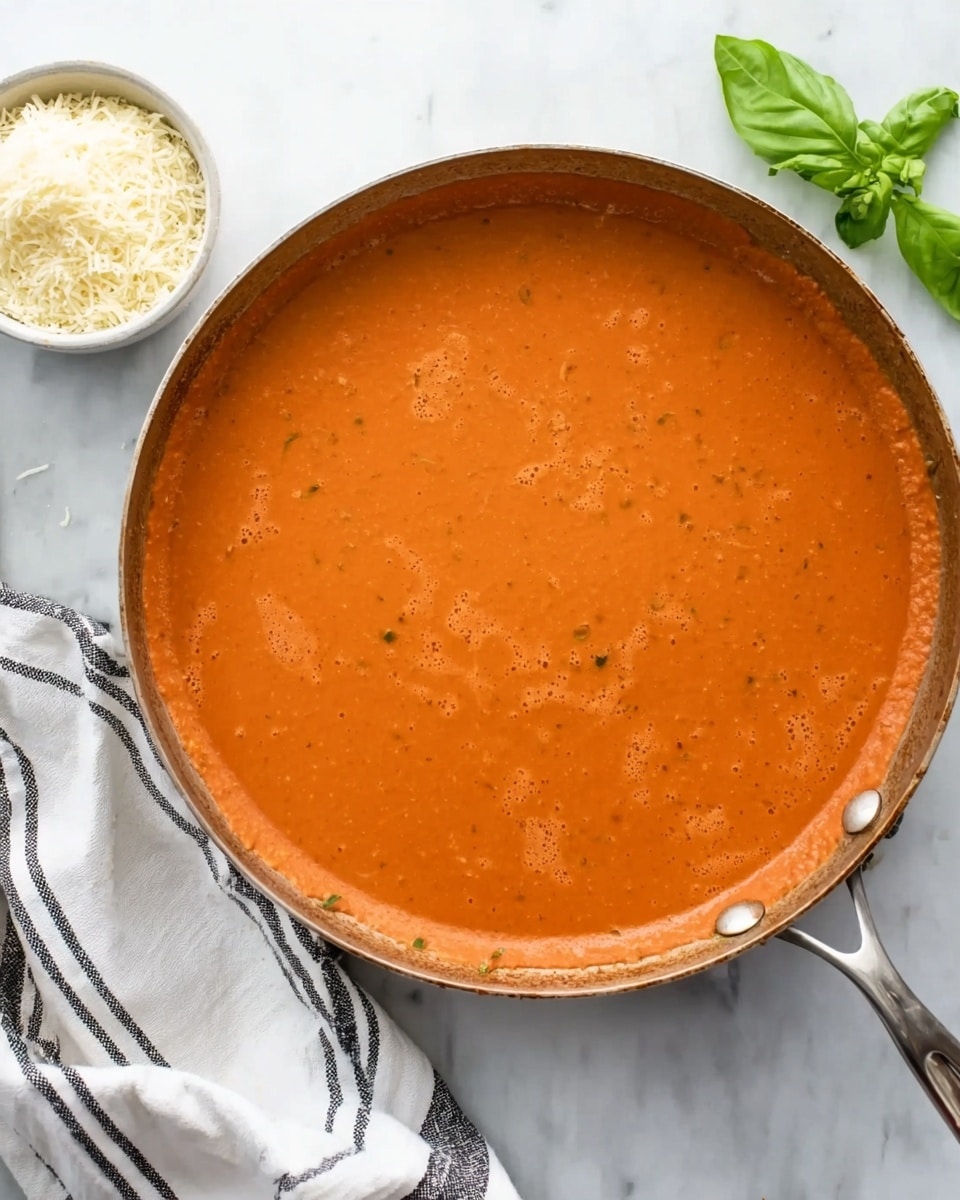 A top view of a pan filled with smooth orange tomato sauce that covers the entire bottom layer with a creamy texture and some herbs mixed in. To the left, there is a small white bowl filled with grated cheese. On the right side, next to the pan, a white napkin with black stripes is partially visible on a white marbled surface, along with a small bunch of basil leaves. The pan has a metal handle extending to the right side. photo taken with an iphone --ar 4:5 --v 7