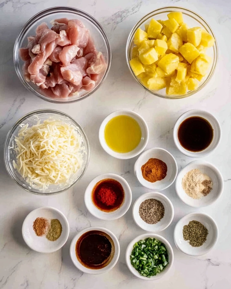 The image shows a white marbled surface with several clear and white bowls arranged neatly. There are two larger clear glass bowls, one filled with diced yellow potatoes on the top left, and the other with raw pink chicken pieces on the bottom left. In the center, a clear bowl holds shredded white cheese. Surrounding these are small white bowls containing different spices and sauces: dark brown sauce, dark soy sauce, bright yellow oil, red spice powder, light brown minced garlic or ginger, green chopped herbs, ground black pepper, and light tan granulated spice. The arrangement is organized and visually balanced. photo taken with an iphone --ar 4:5 --v 7