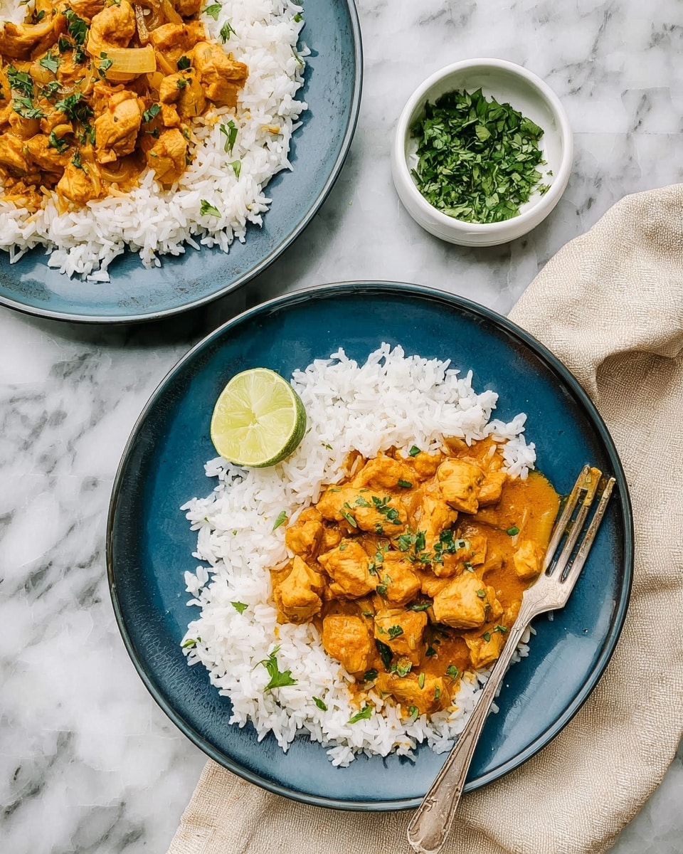 Two blue plates with white rice and orange curry with chunks of chicken on top, garnished with chopped green herbs and a small lime wedge on one plate. The rice is fluffy and slightly spread out, while the curry looks thick and rich with visible pieces of chicken and an onion. A small white bowl filled with chopped green herbs is placed above the plates. A light beige cloth rests to the side, and the background shows a white marbled texture. Photo taken with an iphone --ar 4:5 --v 7
