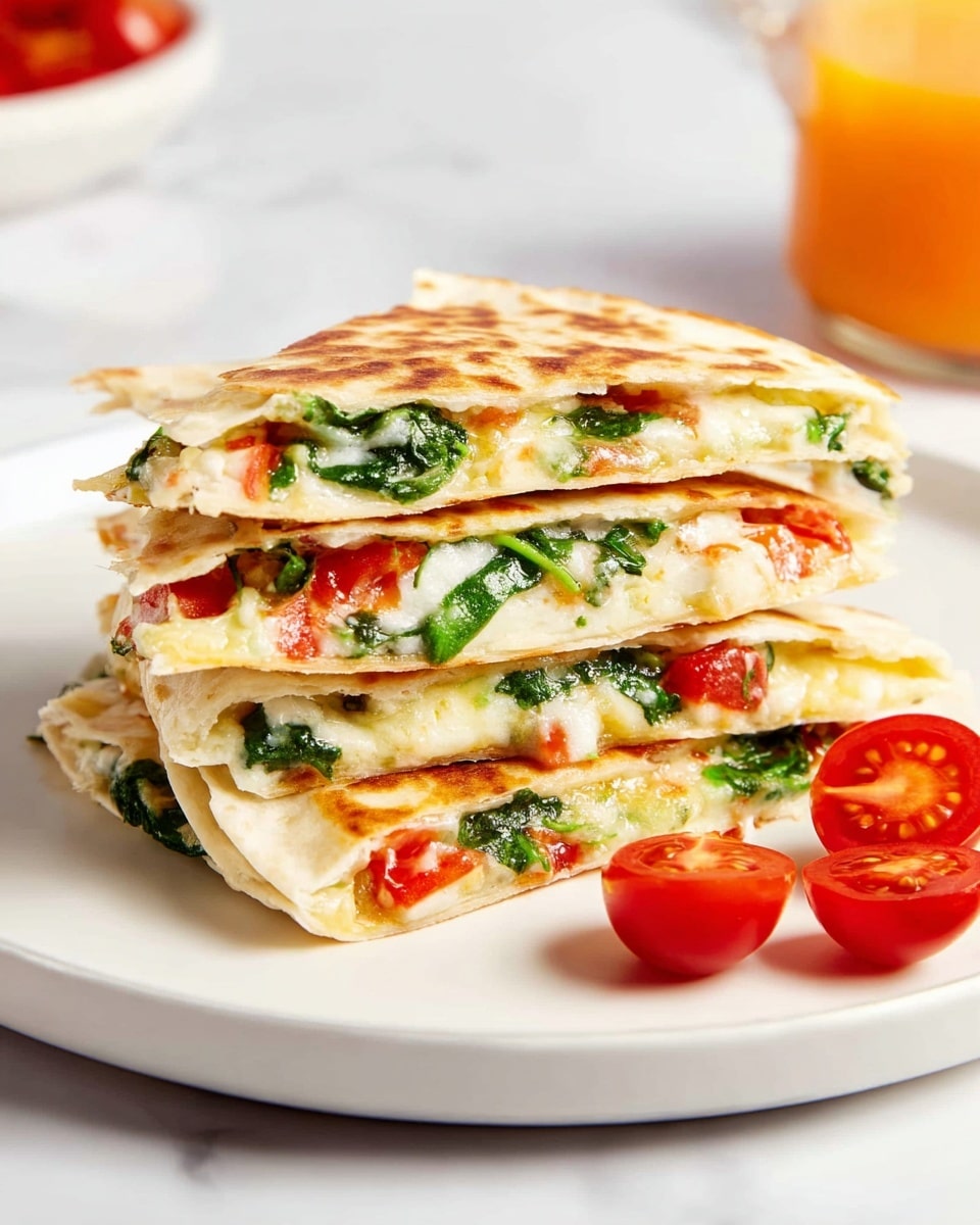 A stack of four folded quesadilla slices is placed neatly in the center of a white plate, each filled with layers of melted cheese, fresh green spinach leaves, and small pieces of red tomato. The quesadilla shells are lightly browned with a soft and toasted texture. The fillings are visible along the open edges, showing a creamy mixture with bits of cheese and vibrant vegetables. To the right of the stack, there are two small, whole cherry tomatoes and one halved cherry tomato adding a bright red contrast. The plate sits on a white marbled surface with a blurred background that includes a glass container with orange sauce. The photo is taken with an iphone --ar 4:5 --v 7
